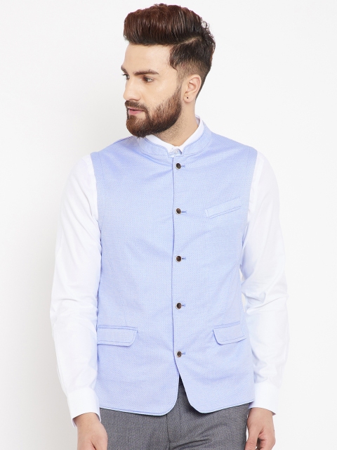 

Blackberrys Men Blue Slim Fit Self Design Pure Cotton Nehru Jacket