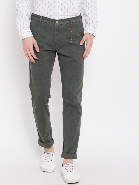 

Blackberrys Men Olive Green Regular Fit Self-Checked Trousers