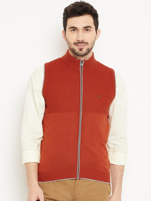 

Blackberrys Men Rust Orange Self Design Sleeveless Cardigan