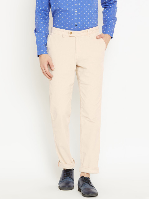 

Blackberrys Men Cream-Coloured Regular Fit Solid Corduroy Smart Casual Trousers