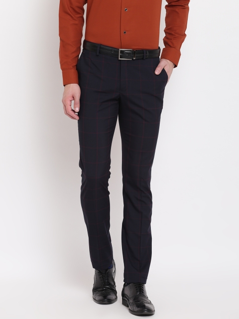 

Blackberrys Men Navy Blue Regular Fit Checked Formal Trousers
