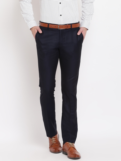 

Blackberrys Men Navy Blue Tapered Fit Self Design Formal Trousers