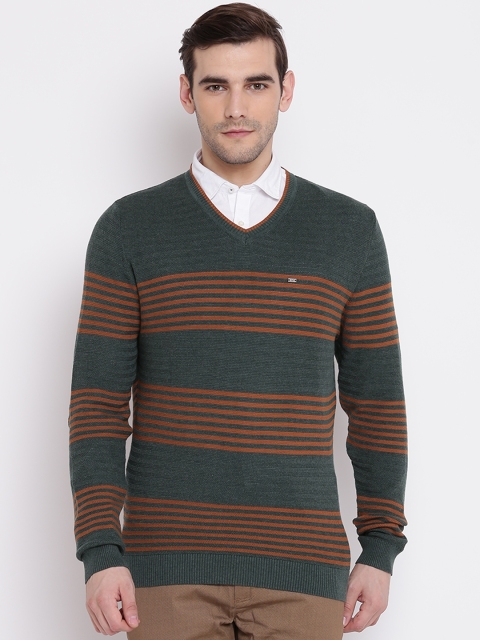 

Blackberrys Men Green & Rust Orange Striped Pullover