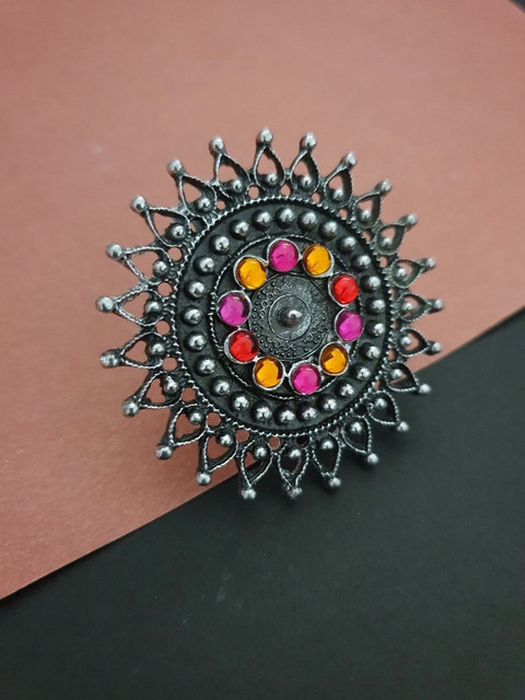 

Infuzze Oxidised Silver-Toned & Pink Stone-Studded Adjustable Oversized Ring