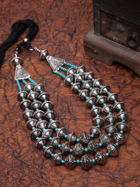 

Infuzze Oxidised Silver-Toned & Turquoise Blue Tribal Necklace