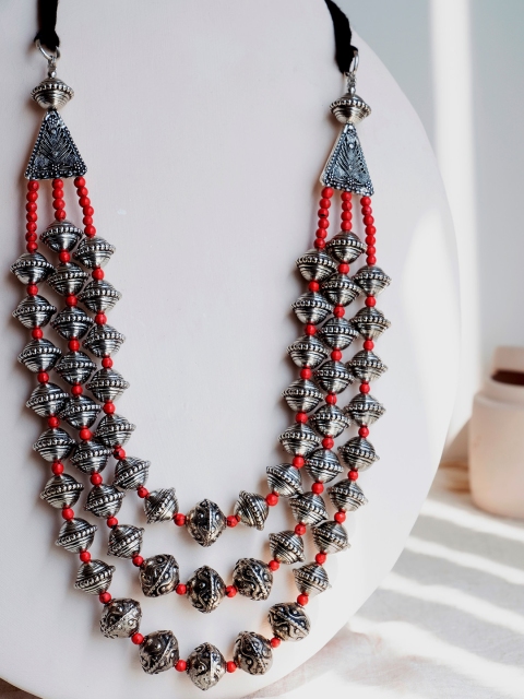 

Infuzze Oxidised Silver-Toned & Red Layered Tribal Necklace