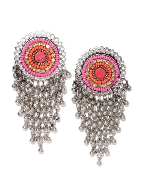 

Infuzze Oxidised Silver-Toned & Pink Beaded Classic Drop Earrings