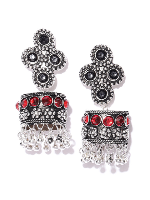 

Infuzze Black & Red Oxidised Silver-Toned Stone-Studded Dome Shaped Drop Earrings