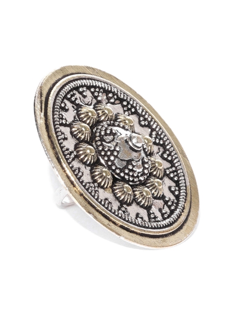 

Infuzze Women Oxidised Silver & Antique Gold-Toned Tribal Textured Adjustable Ring