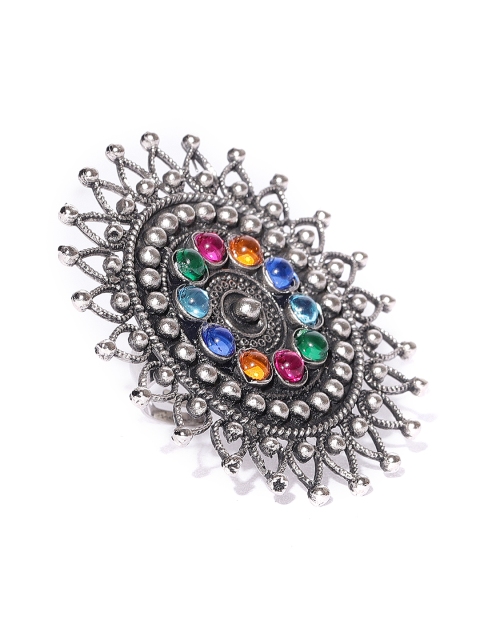 

Infuzze Oxidised Silver-Toned & Blue Stone-Studded Adjustable Oversized Ring