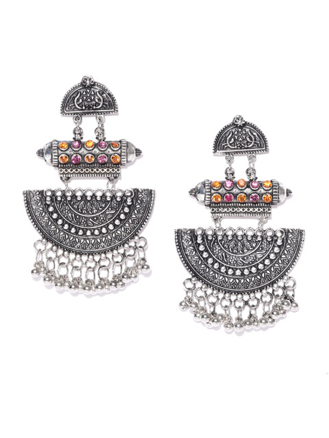 

Infuzze Oxidised Silver-Toned & Pink Crescent Shaped Chandbalis