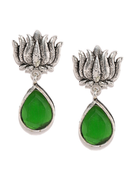 

Fida Green & Silver-Toned Floral Oxidised Drop Earrings