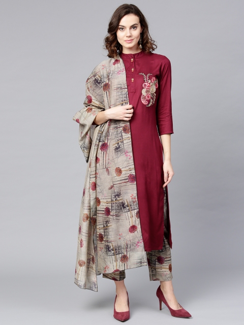 

Yufta Women Burgundy & Grey Embroidered Kurta with Trousers & Dupatta