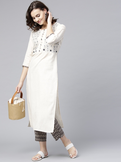 

Yufta Women Off-White & Taupe Yoke Design Kurta with Trousers