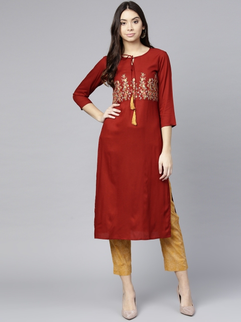 

Yufta Women Maroon & Mustard Yellow Solid Kurta with Trousers