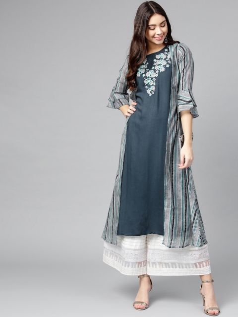 Yufta Women Navy Blue & Grey Yoke Design A-Line Layered Kurta