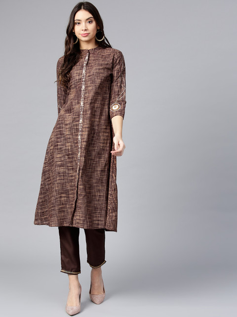 

Yufta Women Brown Woven Design A-Line Kurta