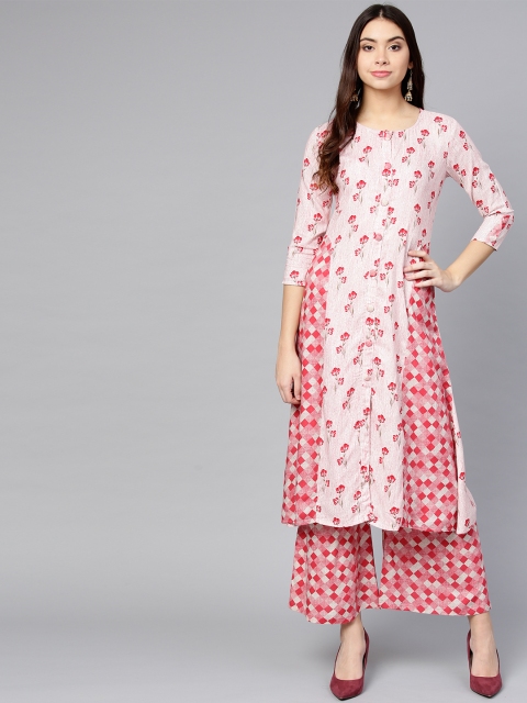 

Yufta Women White & Pink Printed Kurta with Palazzos