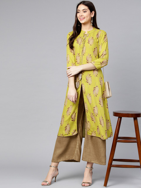 

Yufta Women Lime Green & Brown Printed Kurta with Palazzos