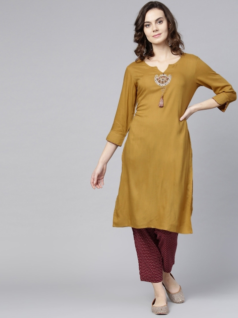 

Yufta Women Mustard Brown & Maroon Solid Kurta with Trousers