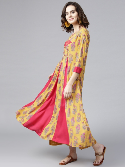 

Yufta Women Mustard Yellow & Pink Printed A-Line Kurta