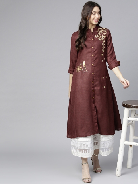 

Yufta Women Burgundy Embroidered A-Line Kurta
