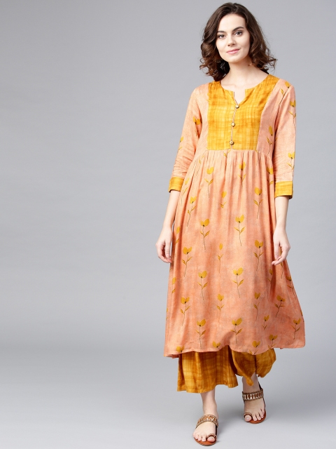

Yufta Women Peach-Coloured & Mustard Yellow Printed Kurta with Palazzos