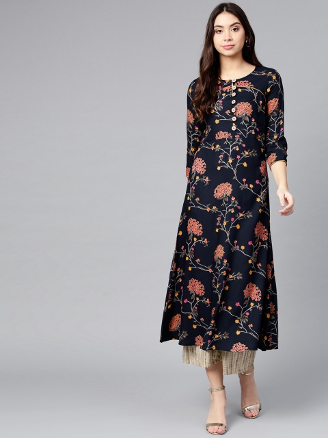 

Yufta Women Navy & Pink Printed A-Line Kurta, Navy blue