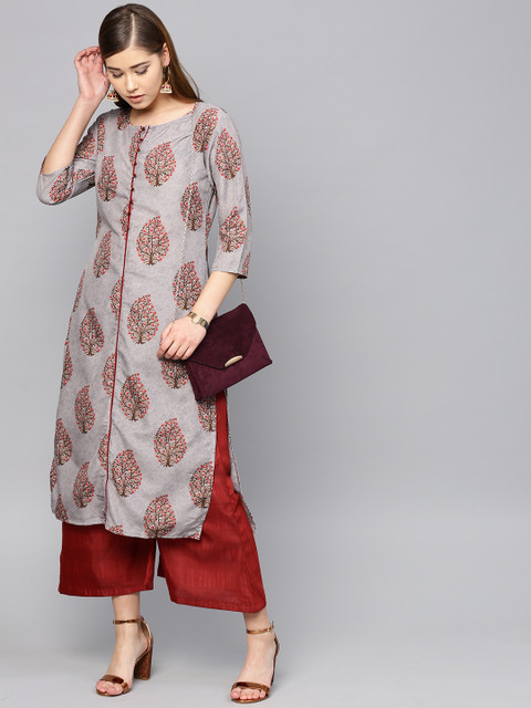 

Yufta Women Grey & Maroon Printed Kurta with Palazzos