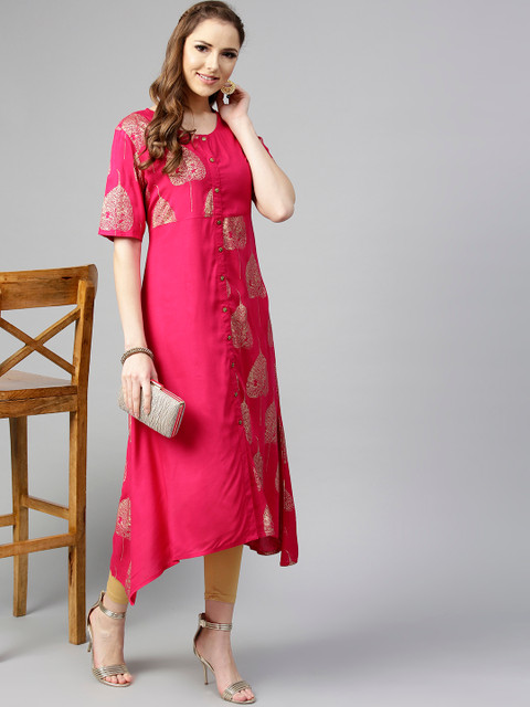 

Varanga Women Magenta & Golden Printed A-Line Kurta