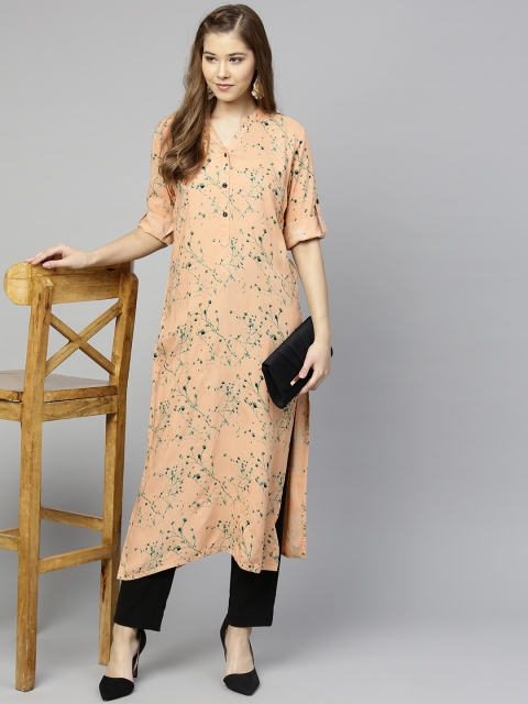 

Varanga Women Peach-Coloured & Green Printed Straight Kurta