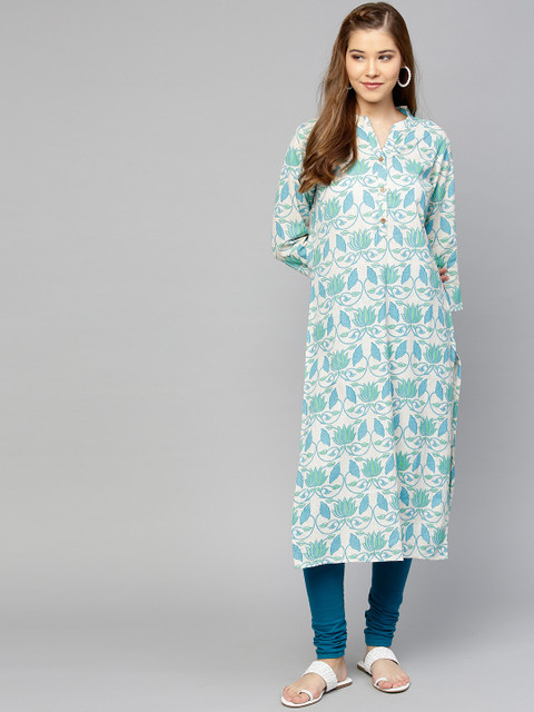 

Varanga Women Off-White & Blue Floral Printed Straight Kurta