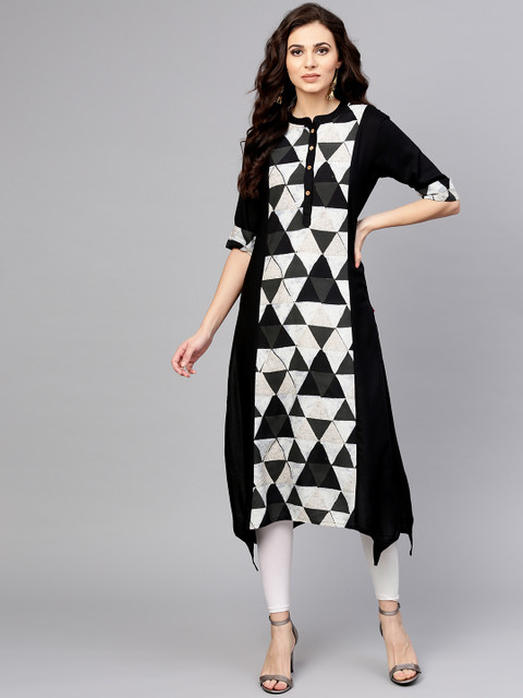 

Varanga Women Black & White Printed A-Line Asymmetric Kurta