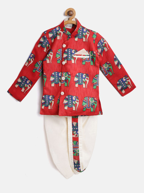 

BownBee Boys Red & Off-White Printed Kurta with Dhoti Pants