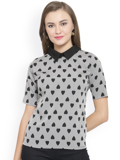 

Indietoga Women Grey Printed Shirt Style Top