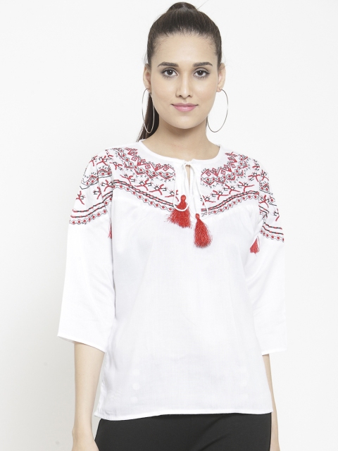 

Indietoga Women White Solid Top with Embroidery