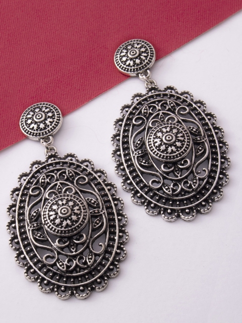 

Rubans Silver-Toned Handcrafted Oxidised Oval Drop Earrings