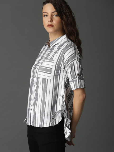 

Roadster Women White & Black Regular Fit Striped Casual Shirt