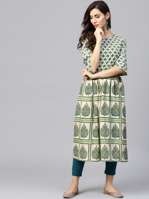

Nayo Women Off-white & Green Printed A-Line Kurta