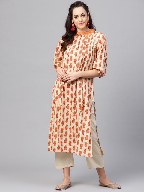 

Nayo Women Beige & Orange Printed Kurta with Palazzos