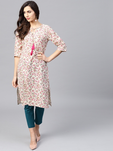 

Nayo Women Off-White & Pink Floral Printed Straight Kurta