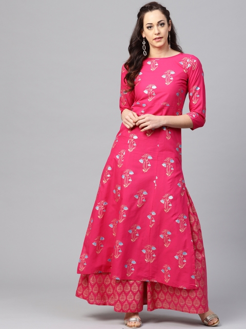 

Nayo Women Pink & Golden Printed Kurta with Skirt