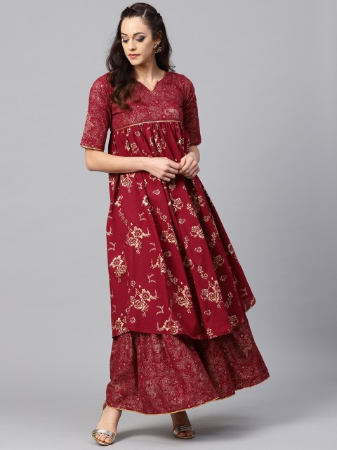 

Nayo Women Maroon & Golden Printed Kurta with Sharara