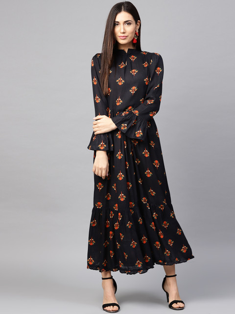 

Nayo Women Navy Blue & Orange Printed Maxi Dress