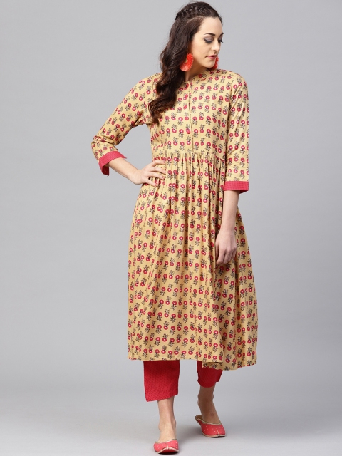 

Nayo Women Beige & Pink Printed Kurta with Trousers