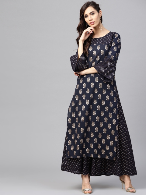

Nayo Women Navy Blue & Golden Printed Kurta with Skirt