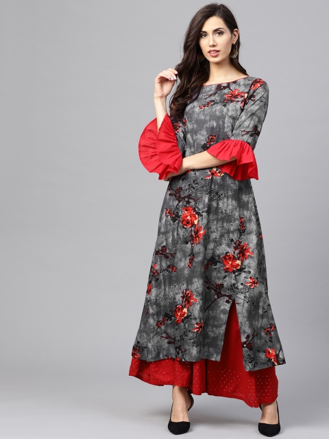 

Nayo Women Charcoal Grey & Red Printed A-Line Kurta