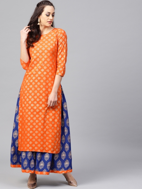 

Nayo Women Orange & Blue Printed Kurta with Skirt