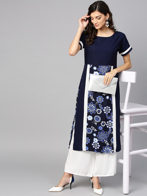 

Ives Women Navy Blue & White Printed Straight Kurta