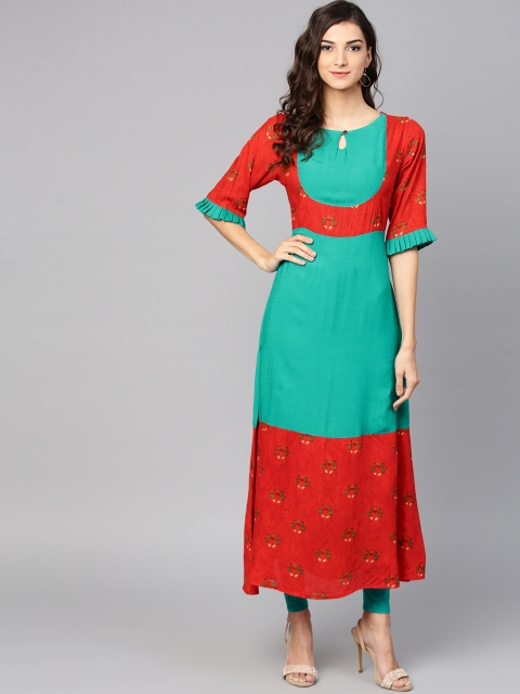 

Ives Women Green & Red Printed A-Line Kurta